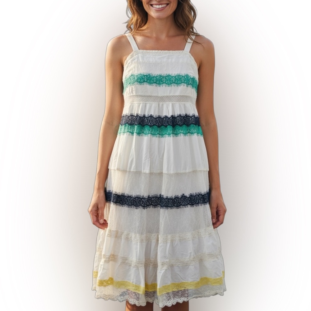 White Dress with Green and Blue Stripes
